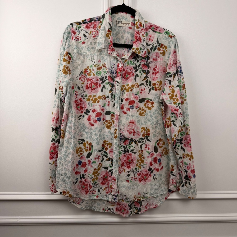 Magazine Women XL Floral Button Up Shirt 100% Cotton Long Sleeve Cottagecore Top